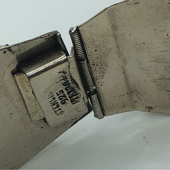 70S Taxco Sterling Silver & Blue Glass Mayan Warrior God Panel Bracelet 7” - Picture 7 of 9